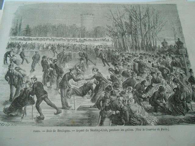 Gravure 1870 - Paris Bois de Boulogne Aspect du Skating Club pendant les gelées