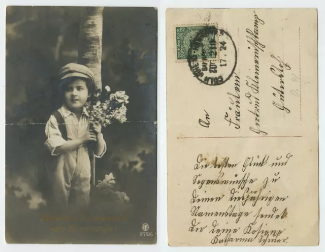 107399 - Junge mit Blumensträußchen - Namenstag - AK, gelaufen 1924