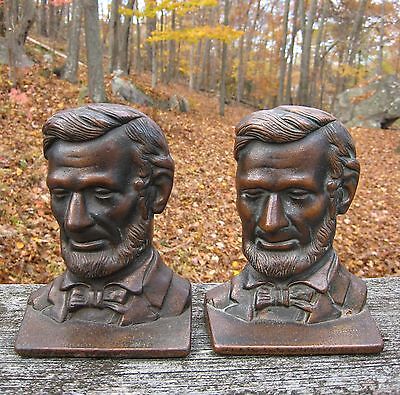 Vtg. Pair Cast Iron Bronze Abraham Lincoln Bookends Statue Sculpture Bust Verona