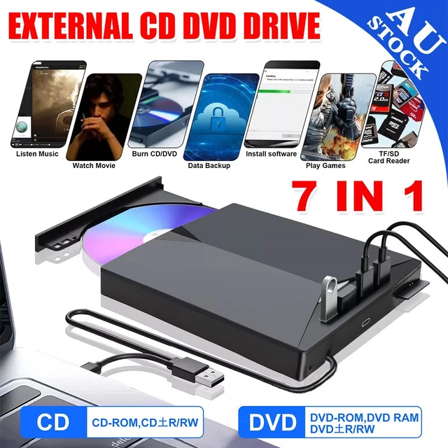 Computer Vcd EXTERNAL DVD DRIVE CD VCD 7In1 USB TYPE-C Disc Player Burner For ...