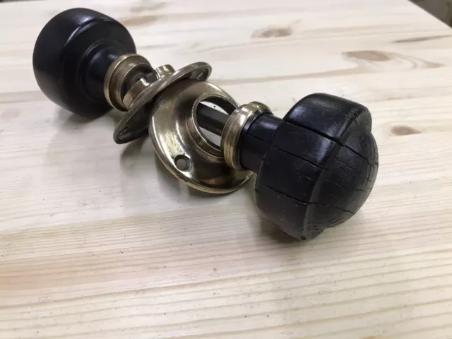 Genuine Pair of Antique Victorian Door Knobs Hardwood Brass Reclaimed Original