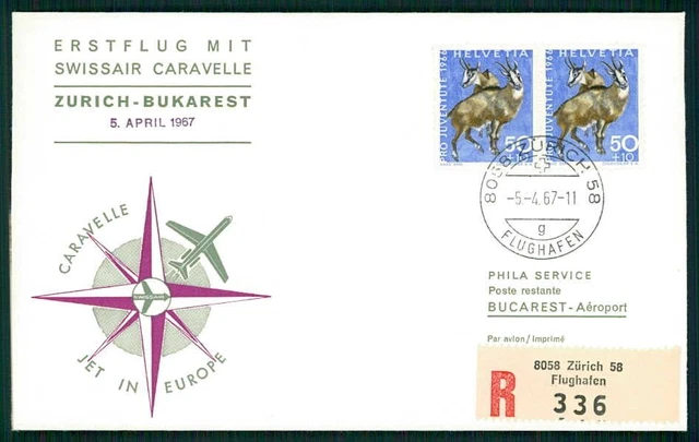SCHWEIZ FLUGPOST 1967 ERSTFLUG ZÜRICH-BUKAREST LUFTPOST AVIATION ig28
