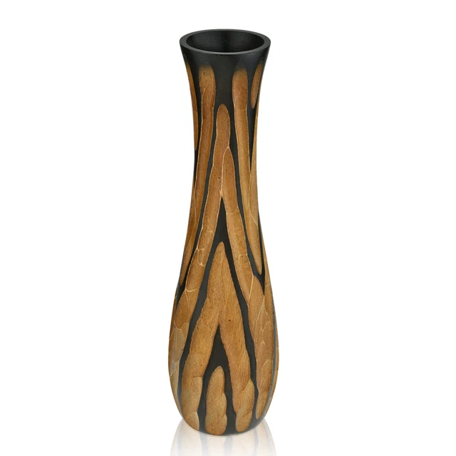 Beautifully Hand Carved Etched Dark Brown Mango Tree Wood Vase