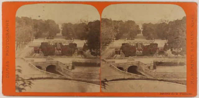 Frankreich Nîmes Garten Der Brunnen c1870 Foto Dumas Stereo Vintage Albumin