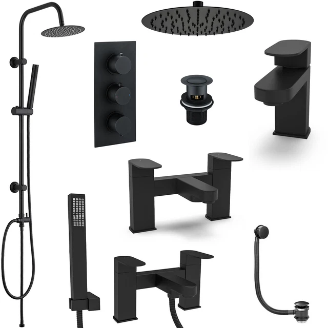 Matt Black Modern Square Round Bathroom Basin Bath Tap Thermostatic Shower Mixer