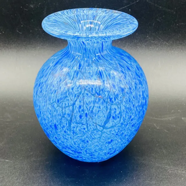 Blue speckled art glass small bud vase Hand Blown