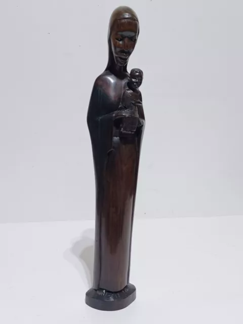 Hand Carved Ebony Wood Sculpture -African Tribal Woman w/Child ▪︎12" Tall