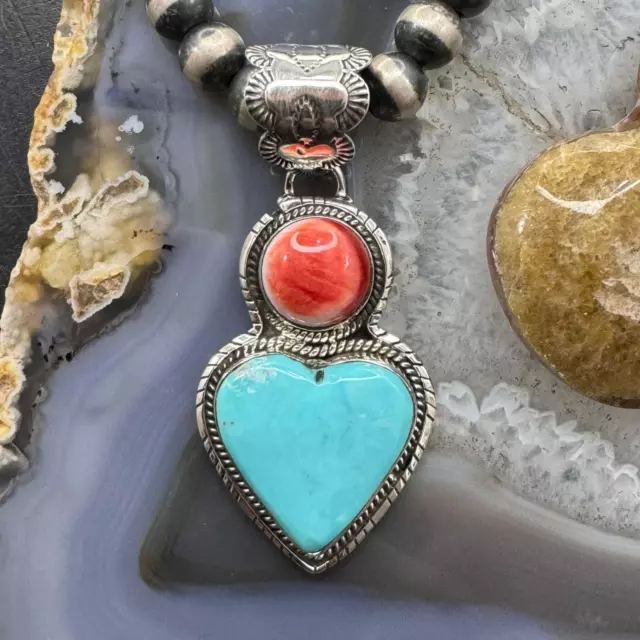 NATIVE AMERICAN STERLING Spiny Oyster & Turquoise Heart Shape Pendant ...