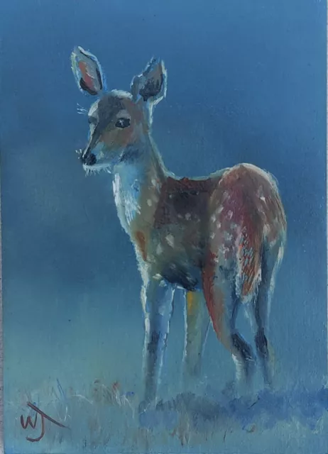 Original ACEO William Jamison Miniature Oil Painting Deer Fawn Wildlife Art