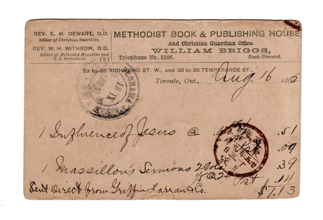 CANADA ONT ONTARIO Toronto 1892 Methodist Book House UPU PC to