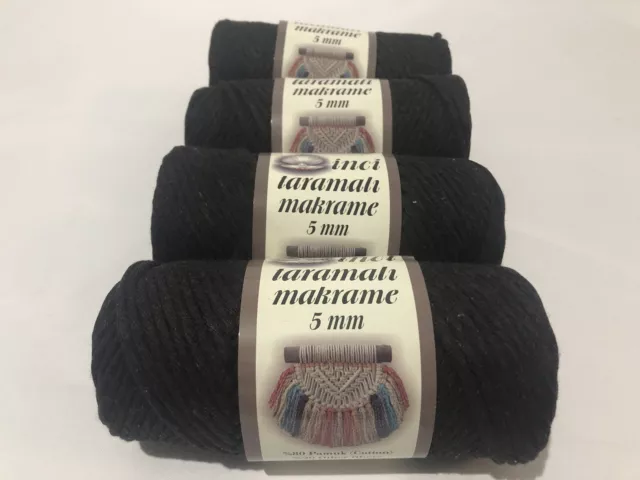 Hilo de algodón Anatolia 5 mm Macrame Torcido 4 x 250 g Rollos Negro -sp040