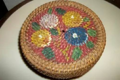 Victorian Sewing Basket Wicker Hp Floral Small Lidded Antique Nice