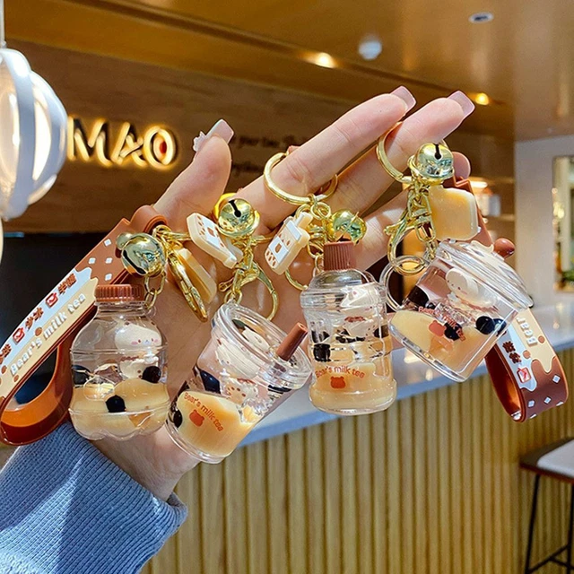 Cute Floating Liquid Cartoon Pearl Milk Tea Pendant Key Charm Keychain Bag