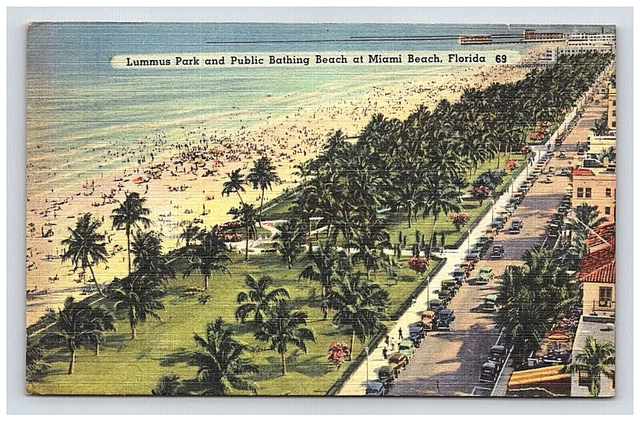 Postcard Linen FL 1947 Lummus Park Beach View Car People Ocean Miami Florida