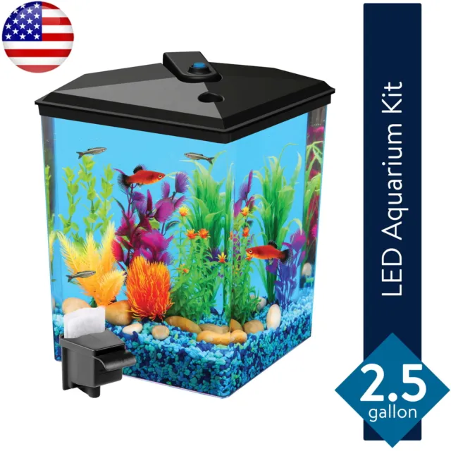 Aqua Culture 2.5 Gal Corner Aquarium Kit W/ LED Lighting Power Filter 5v Adapter
