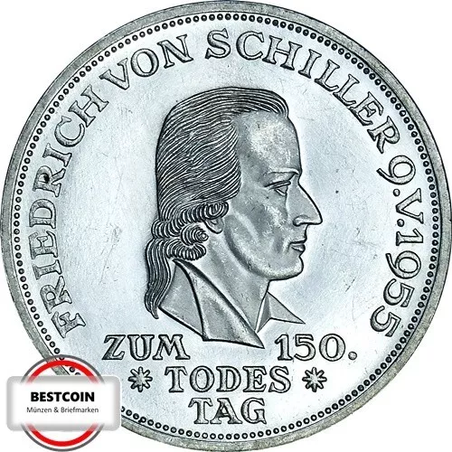 J389  5 DM Gedenkmünze Friedrich von Schiller von 1955 F in VZ-STG  1298051