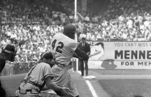 Brooklyn Dodgers Jackie Robinson in action, batting vs St. Louis C - Old Photo 3