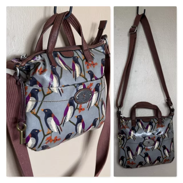 Fossil Key-Per Gray & Purple Birds Coated Canvas W/Leather Trim Zipper Handbag