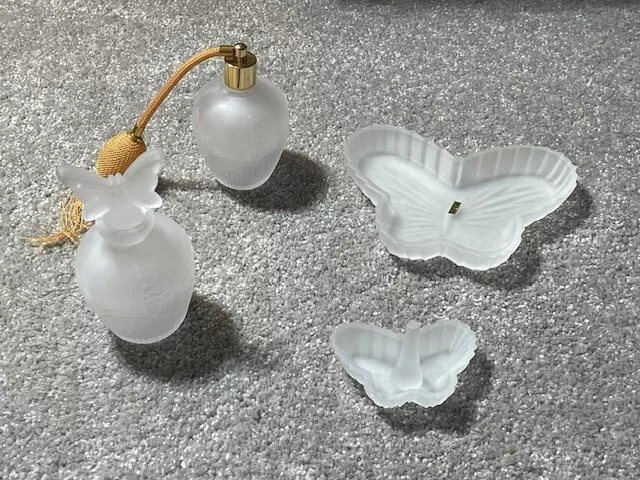 Vanity Perfume Set Frosted Glass Bottles Butterfly Lot of 2