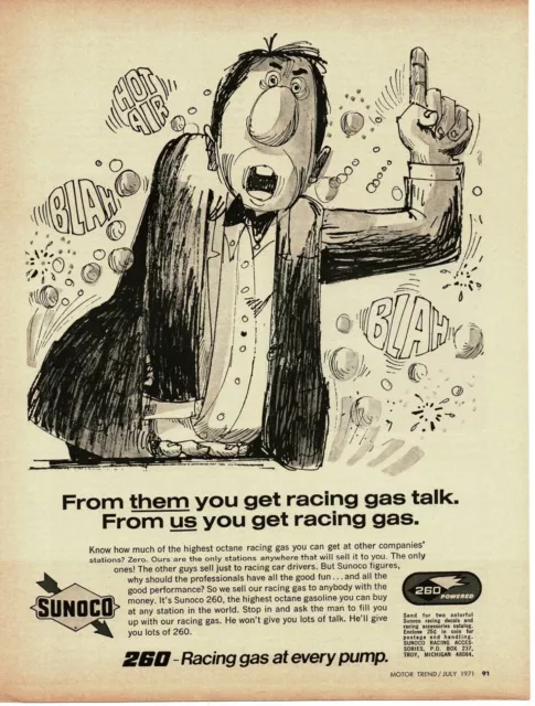 1971 SUNOCO 260 Racing gas Others talk We act Comic cartoon art Vintage Print Ad