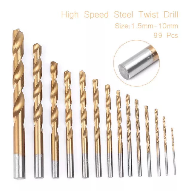 99PCS HSS Cobalt Twist Drill Bits For Hard Metal Wood Stainless Steel 1.5mm-10mm