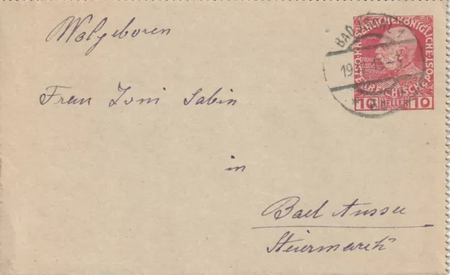Kartenbrief  2157 – 10 Heller Ganzsache Österreich von 1915 - Bad Ischl