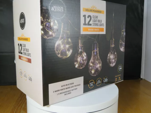 New Mason+Jones Solar Powered 12 Clear Warm White Bulb String LED Lights Boxed