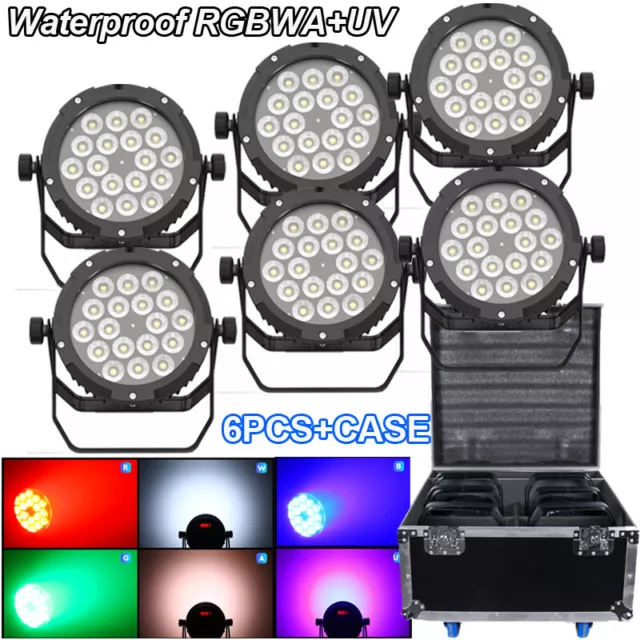 6PCS Waterproof Par Light 270W 18LED RGBWA+UV DMX512 DJ Stage Lighting w/Case