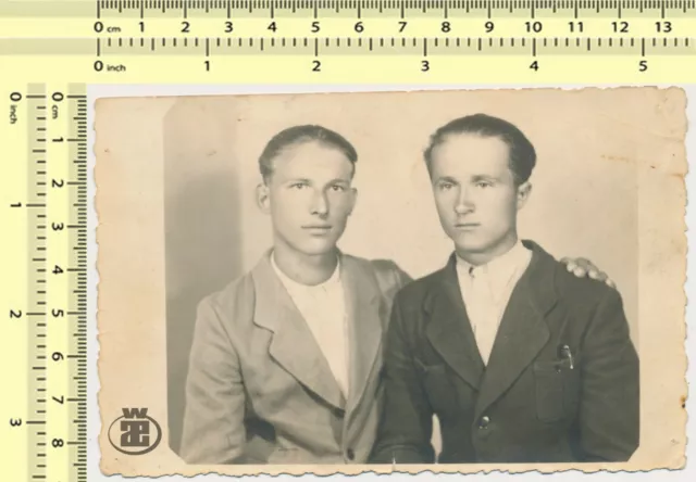 124 Two Handsome Men Hug Slick Back Hair Guys Males Portrait vintage photo orig.