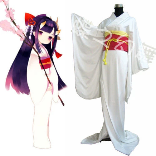 Japanese Anime Traditional Women White Furisode Kimono Dress Costume Set