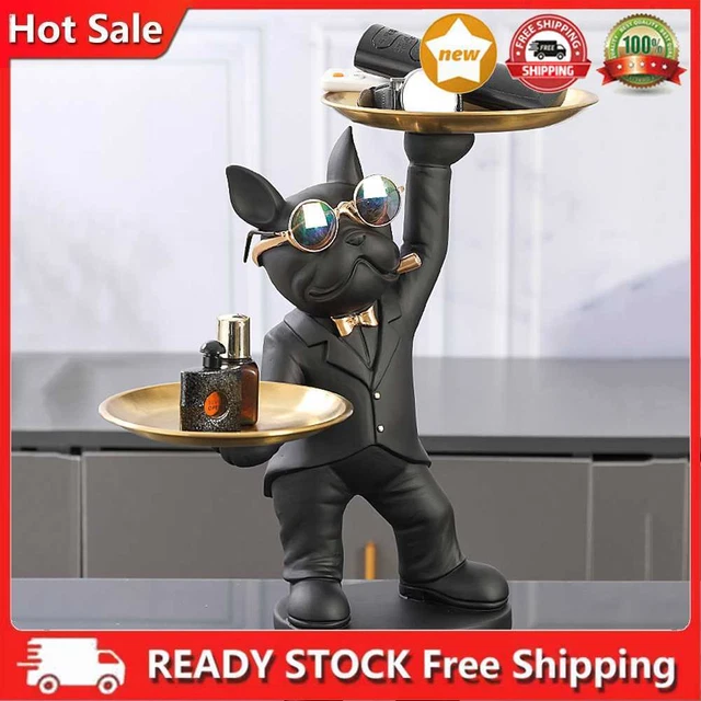 Resin Animal Sculpture 2 Metal Trays Cool Bulldog Dog Statue Office Home Decor