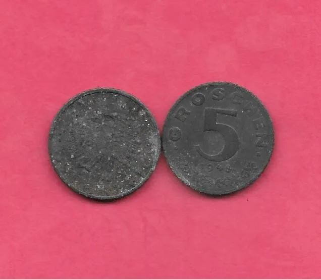 Austria Austrian Km2875 1948 Vf-Very Fine-Nice Old Vintage Zinc 5 Groschen Coin