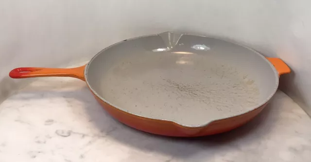 VTG LE CREUSET Orange Flame Enamel Cast Iron 30 Skillet Fry Pan Double Spout 12”
