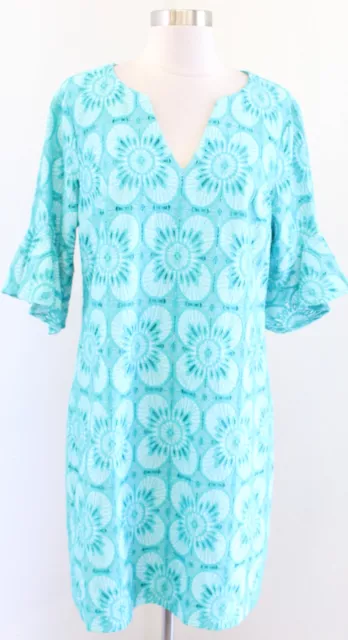 Trina Turk Doran Blue Floral Lace Bell Sleeve Shift Dress Size 10 Casual Summer