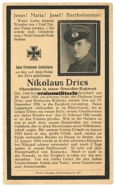 Orig. Sterbebild Soldat ° Belgien Möderscheid Amel + Nikopol Ukraine 1944