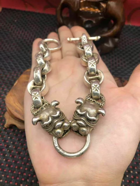 Asian chinese old miao silver hand cast dog statue bracelet jewel cool gift