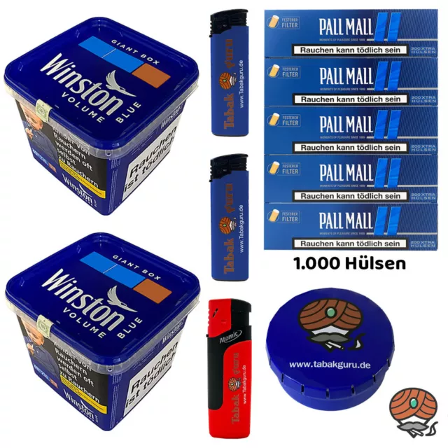 2x Winston Blue/Blau Volumentabak Giant Box à 195g, Pall Mall Blue Hülsen