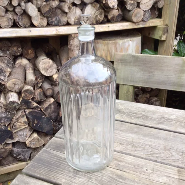 Large Old Vintage Clear Ribbed Glass Poison Bottle & Stopper.