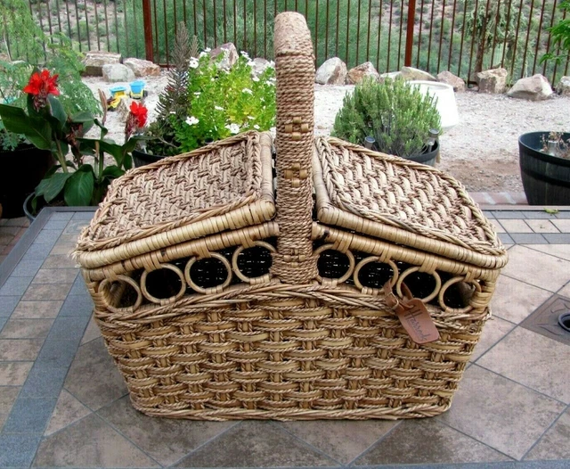 VINTAGE HARRODS LARGE Wicker Basket Double Hinged Lid Picnic Sewing or
