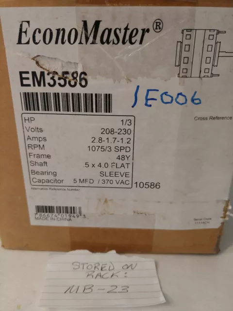 Packard EM3586 Economaster 1/3HP 1075R 208-230V Direct Drive Blower Motor