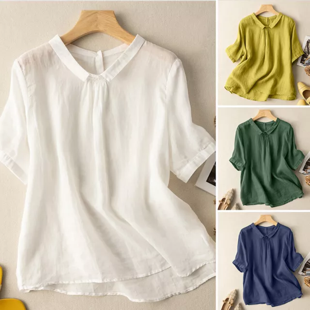 Women Linen Cotton Vintage Shirt Blouse Short Sleeve Collared Loose Tops T-Shirt