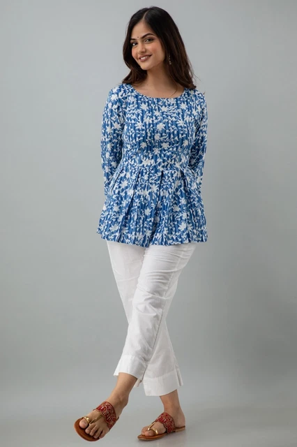 Women's Rayon Printed Hip Length Formal Tops KRT015BLUE