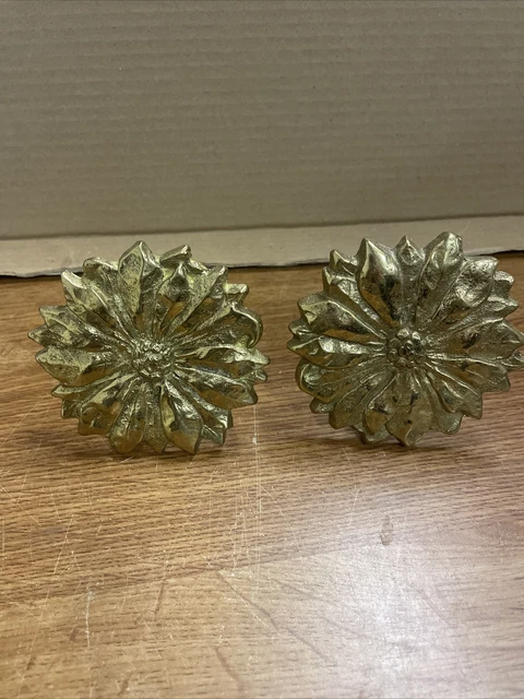 Antique Reclaimed Matching Brass Daisy Flower Curtain Tiebacks Wall Hooks (x2)