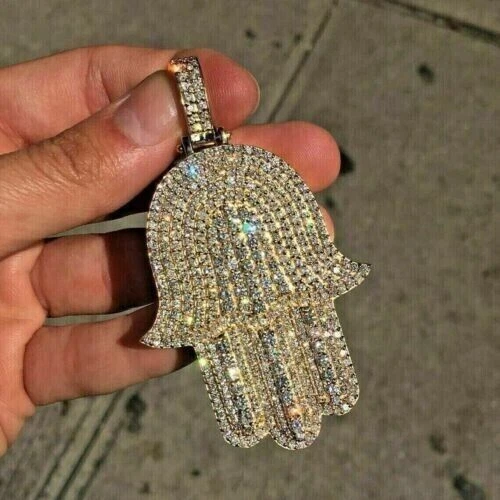 3Ct Round Cut Moissanite Hamsa Hands Charm Pendant 14K Yellow Gold Plated Silver