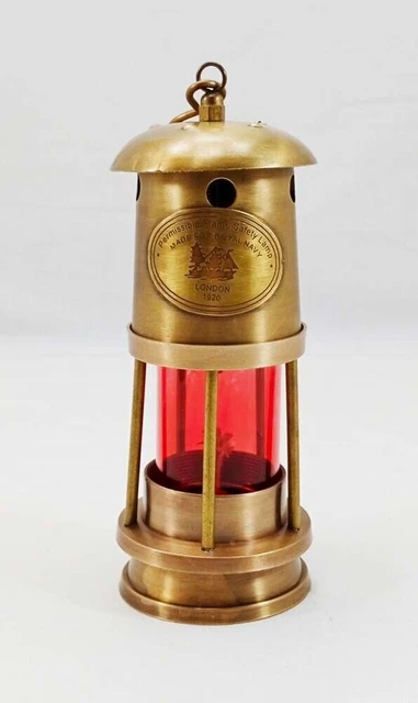 Messing-Miner-Lampe mit Antik-Finish, rotes Glas, nautisches Schiff,...