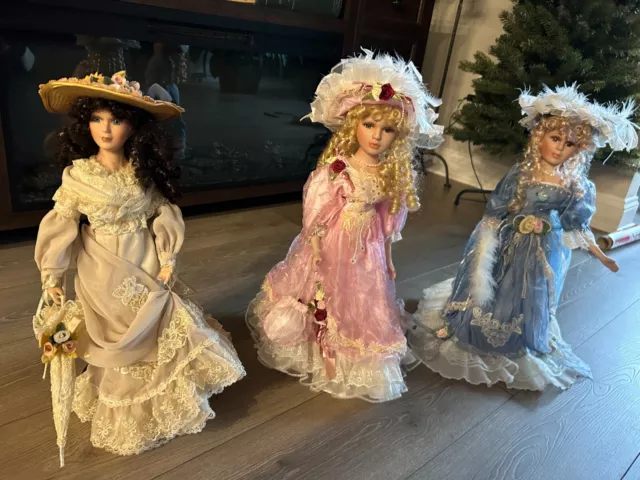 Set of 3 Collectible 18" Victorian Dolls - porcelain head, hands & feet!