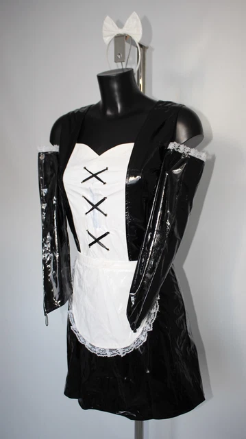 Costume da cameriera sexy PVC vinile magenta horror roccioso abito fantastico nero bianco UK 8-10