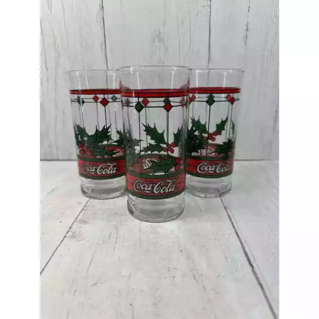 Vintage Coca Cola Christmas Holly Berry Stained Glass Drinking Glasses Set Of 3