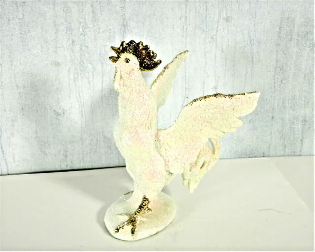 Large White Glitter Chicken Rooster Figurine Hand Painted One of A Kind