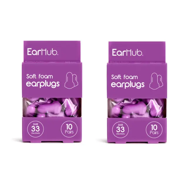 EarHub soft foam purple earplugs SNR 33dB , 40 T-shaped ear plug (20 Pairs)